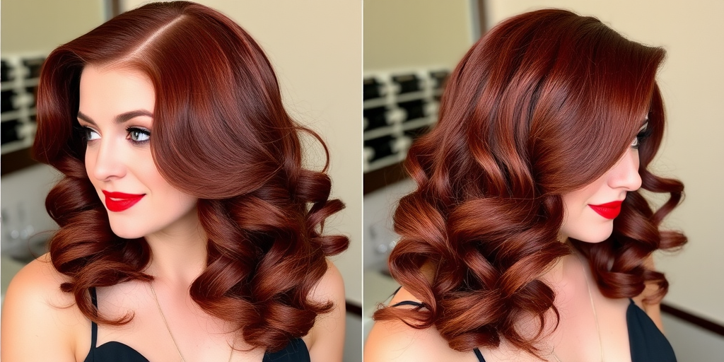 Mahogany red long layers styled in vintage pin-up curls, dubbed "Retro Glamour" look, incorporating a deep side part and glossy finger waves