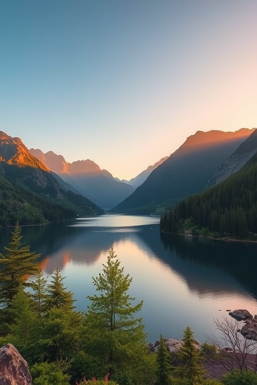 Create a high-resolution image of a serene landscape featuring a tranquil lake surrounded by lush greenery and mountains in the background, captured with a DSLR camera at f/8 aperture, ISO 200, with a 24mm lens in natural light during golden hour, using a wide-angle perspective.