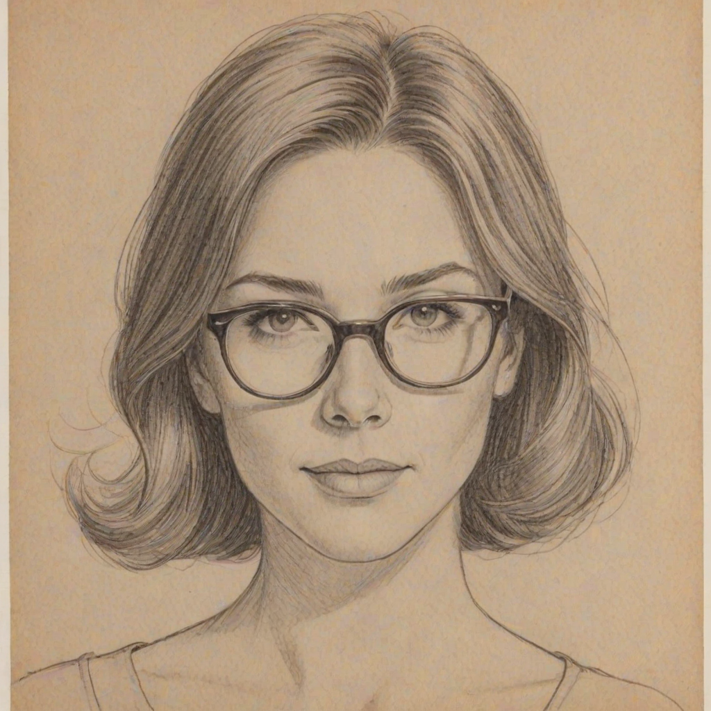 Pleasing Christa Miller, pencil sketch, portrait of Lovely woman 1951s in glasses, hair style beatnik, outline, clear lines, fine lines, 8k