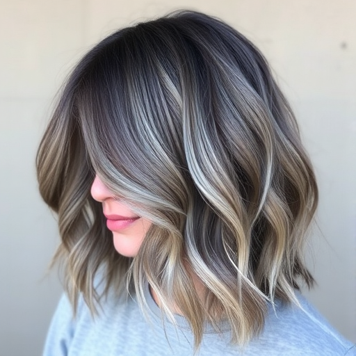 Ash grey lob with a deep side part and beachy waves, named "Smoky Quartz," boasting a lived-in texture and subtle silver babylights framing the face