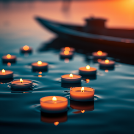Regenerate an image of floating candles in a serene water setting, captured with a Canon EOS R5, 50mm lens, f/1.4 aperture, ISO 100, at sunset with a soft bokeh effect to enhance the warm glow and reflections on the water's surface.