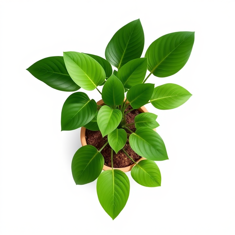Generate a digital illustration of a lush green potted plant with large leaves, minimalistic background, captured in a high-resolution format, using a 50mm lens at f/2.8, ISO 100, with soft natural lighting, and a top-down camera angle for a clean and modern look.
