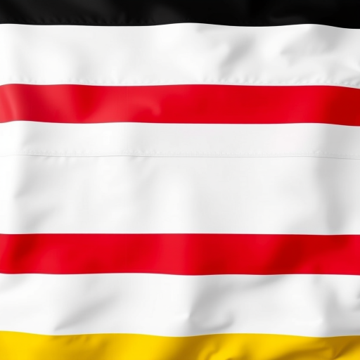 Create an image of a flag featuring horizontal stripes in white, black, red, and yellow, using a DSLR camera with a 50mm lens, aperture set to f/8, ISO 100, shot from a straight-on view with high dynamic range and vibrant color settings.