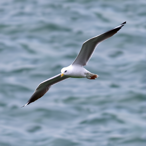 seagull in flight over water, high-resolution, f/4 aperture, 1/1000s shutter speed, ISO 200, 50mm lens, taken with a DSLR camera, focus on the bird with a blurred background.