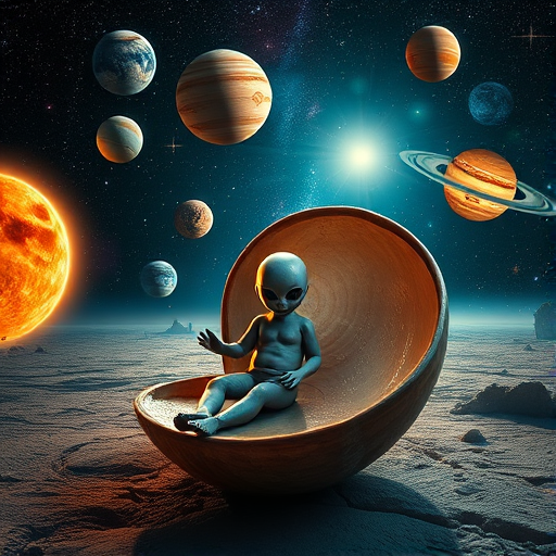 Create a cosmic scene featuring a surreal representation of planets in the solar system with a figure resembling an alien child seated within a Nautilus shell, captured with a DSLR camera, using a 24mm lens, f/2.8 aperture, ISO 100, 1/125 sec exposure, in a wide-angle view, with vibrant colors and high contrast to enhance image quality.
