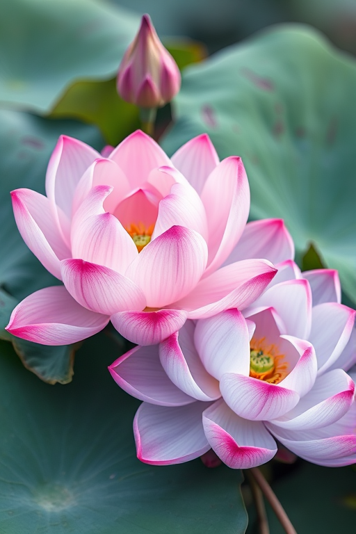 Create a high-resolution floral design featuring soft pastel pink and blue lotus flowers with ornate leaves and delicate accents, captured with a DSLR camera at f/2.8 aperture, ISO 100, with a shallow depth of field and a soft focus background to enhance the intricate details of the flowers.