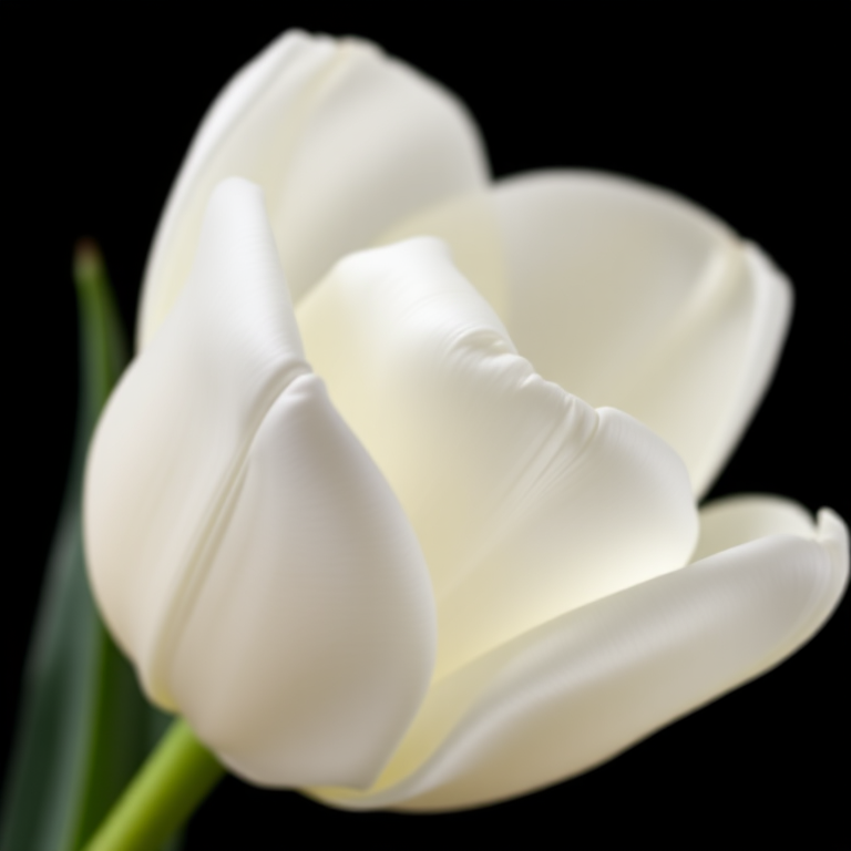 Close-up of a white tulip with smooth petals against a black background, shallow depth of field, f/2.8 aperture, 50mm lens, ISO 100, DSLR camera, soft natural lighting.