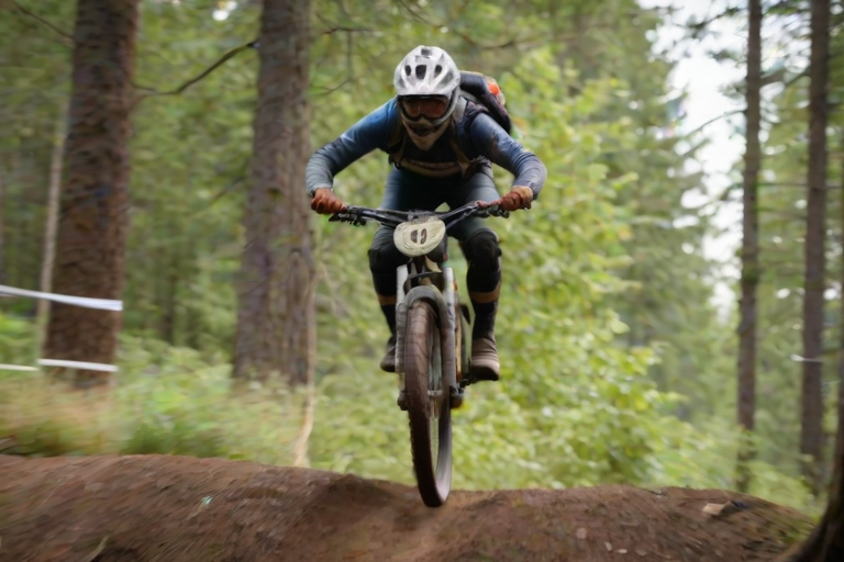 Blurry action shot of a mountain biker soaring over a jump, soft dirt clouds rising around the bike, with trees lining the trail in the background.