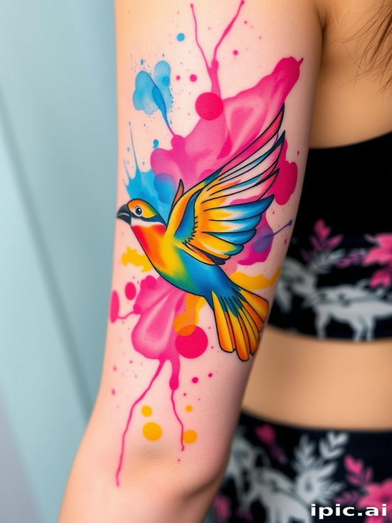 Vibrant watercolor splash tattoo named "Chromatic Cascade" featuring a swirling blend of cerulean blue, magenta, and sunflower yellow hues, creating an abstract representation of a tropical bird in flight, with delicate linework outlining the bird's form amidst the colorful chaos, suitable for placement on the upper arm or back