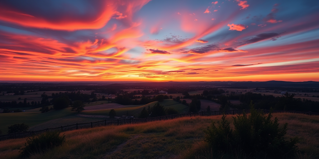 Create a high-resolution image of a serene landscape at sunset with vibrant colors, using a Canon EOS R5 camera, 24mm lens, f/8 aperture, ISO 100, and a wide-angle view to capture the expansive scenery.