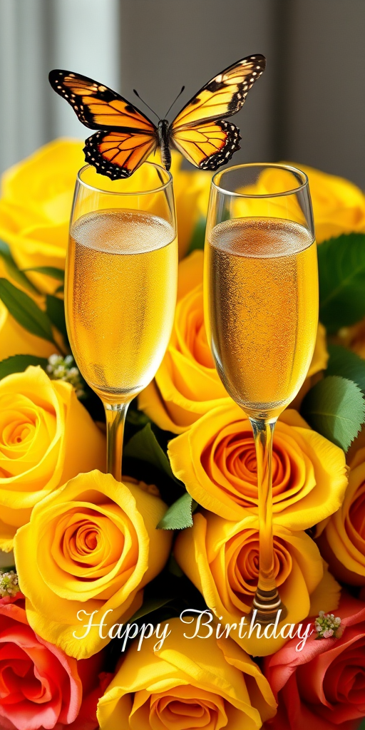 Create a vibrant bouquet of yellow roses with a butterfly on top, include two champagne glasses clinking, styled in an elegant birthday greeting, use a DSLR camera, aperture f/8, ISO 100, natural lighting, 50mm lens, focus on floral detail and rich colors.