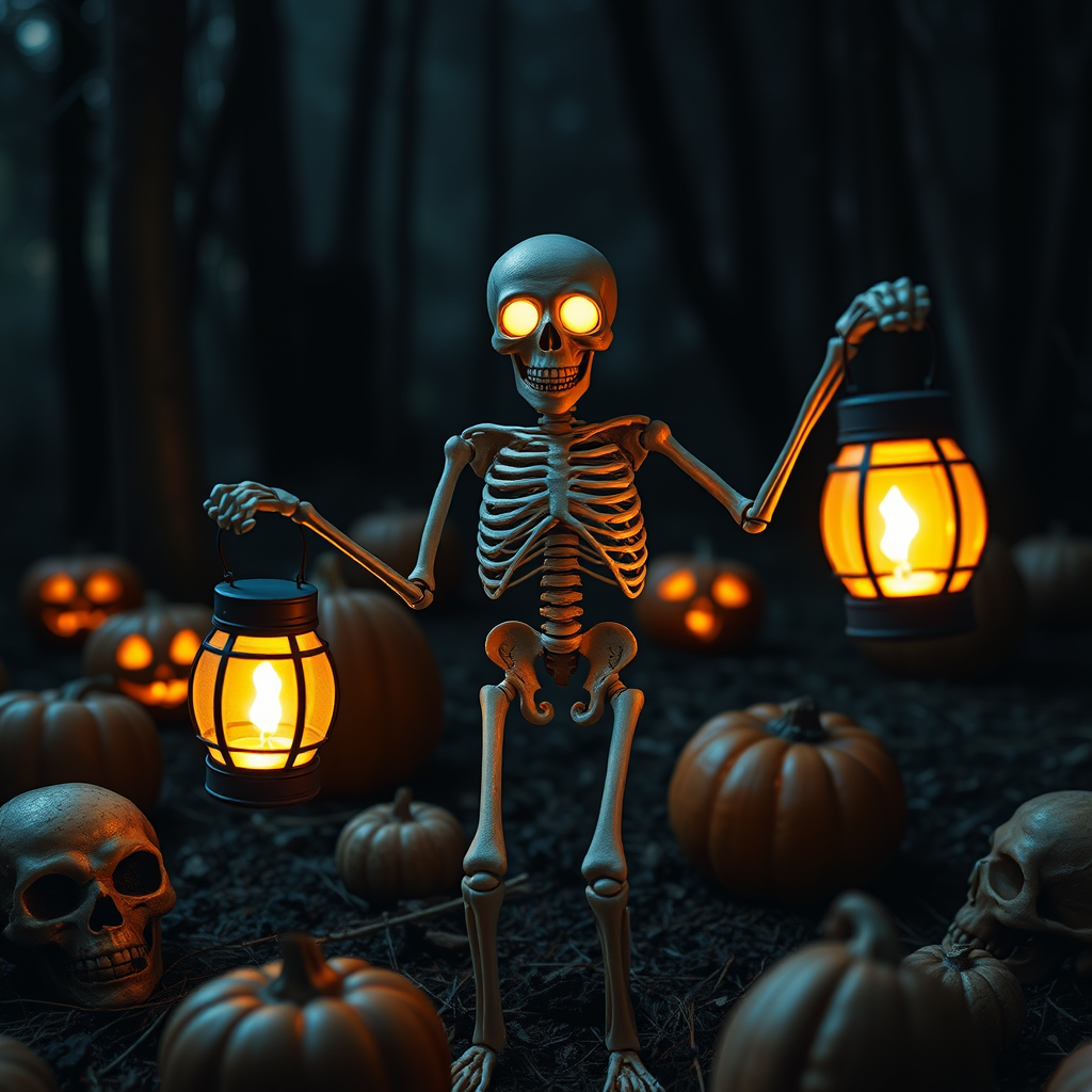 Create a spooky scene featuring a skeleton figure with glowing eyes holding two lanterns that emit an eerie light in a dark forest setting surrounded by carved pumpkins and ominous skulls. The atmosphere should be