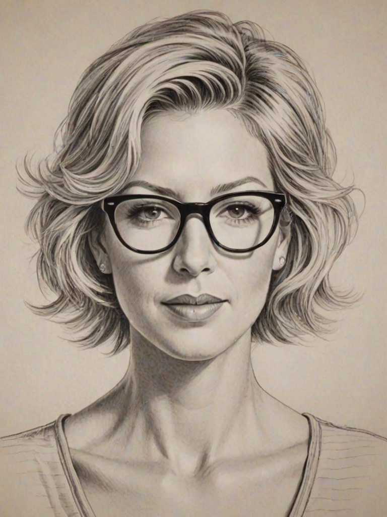 Ravishing Jenna Elfman, pencil sketch, portrait of Comely woman 1956s in glasses, hair style beatnik, outline, clear lines, fine lines, 8k