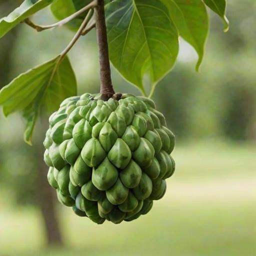 regenerate an image of a green custard apple fruit hanging on a branch with lush green leaves and a soft blurred background