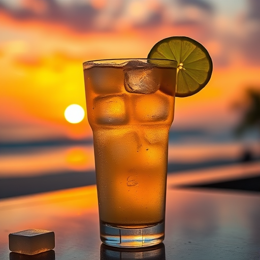 Regenerate an image of a caipirinha cocktail in a glass with ice cubes and lime slices, surrounded by a vibrant sunset sky, using a DSLR camera with an aperture of f/2.8, ISO 100, shutter speed of 1/125 sec, shot at a low angle with a shallow depth of field.
