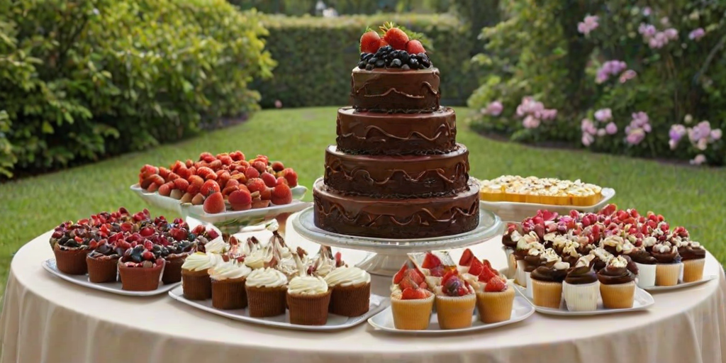 Create an image of a multi-tiered dessert display featuring a large chocolate cake on top, surrounded by an arrangement of smaller cups filled with various desserts. Each cup should have a mix of chocolate, vanilla, and fruit elements, garnished with fresh strawberries and decorative swirls of icing. The setting should be an elegant outdoor venue with greenery in the background.