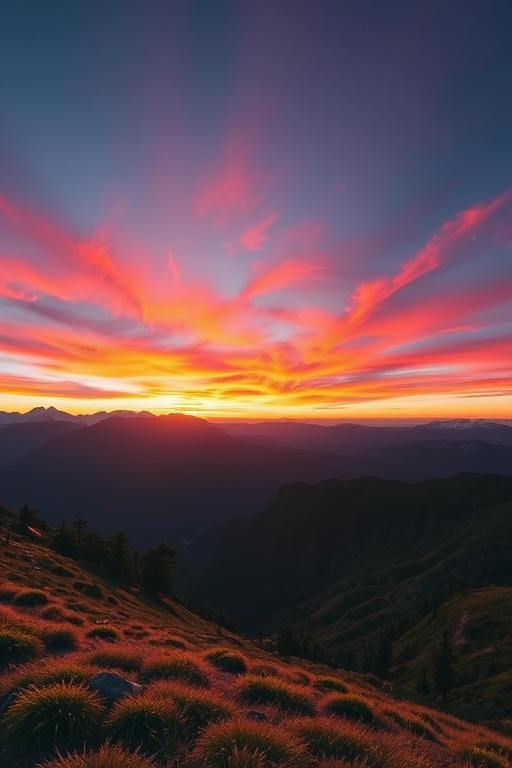 Generate an image of a peaceful mountain landscape at sunrise with vibrant colors and dramatic lighting, using a Canon EOS R5 camera, 24mm lens, f/8 aperture, ISO 100, 1/200 sec shutter speed, capturing a wide-angle view in landscape orientation for enhanced image quality.