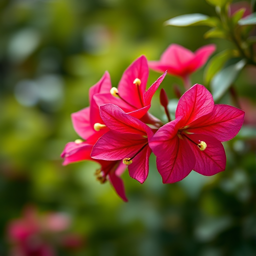 macro shot of vibrant bougainvillea flowers against a blurred green background, f/2.8 aperture, 50mm lens, ISO 100, natural lighting, DSLR camera, shallow depth of field