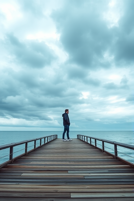 Capture an image of a person standing on a pier with a cloudy sky, using a DSLR camera set to f/2.8 aperture, ISO 200, 50mm lens, natural light, and a slight tilt to emphasize perspective.
