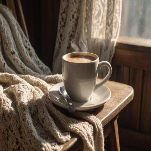 Close-up of a steaming cup of coffee on a rustic wooden table, sunlight filtering through lace curtains, with a cozy knit blanket draped over a chair in the background.