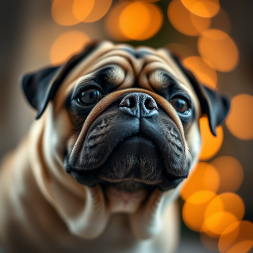 a close-up portrait of a pug with a soft focus background, warm orange bokeh effect, shot with a Canon EOS R, 50mm lens at f/1.8, ISO 200, shutter speed 1/125 sec, natural lighting for a cozy atmosphere