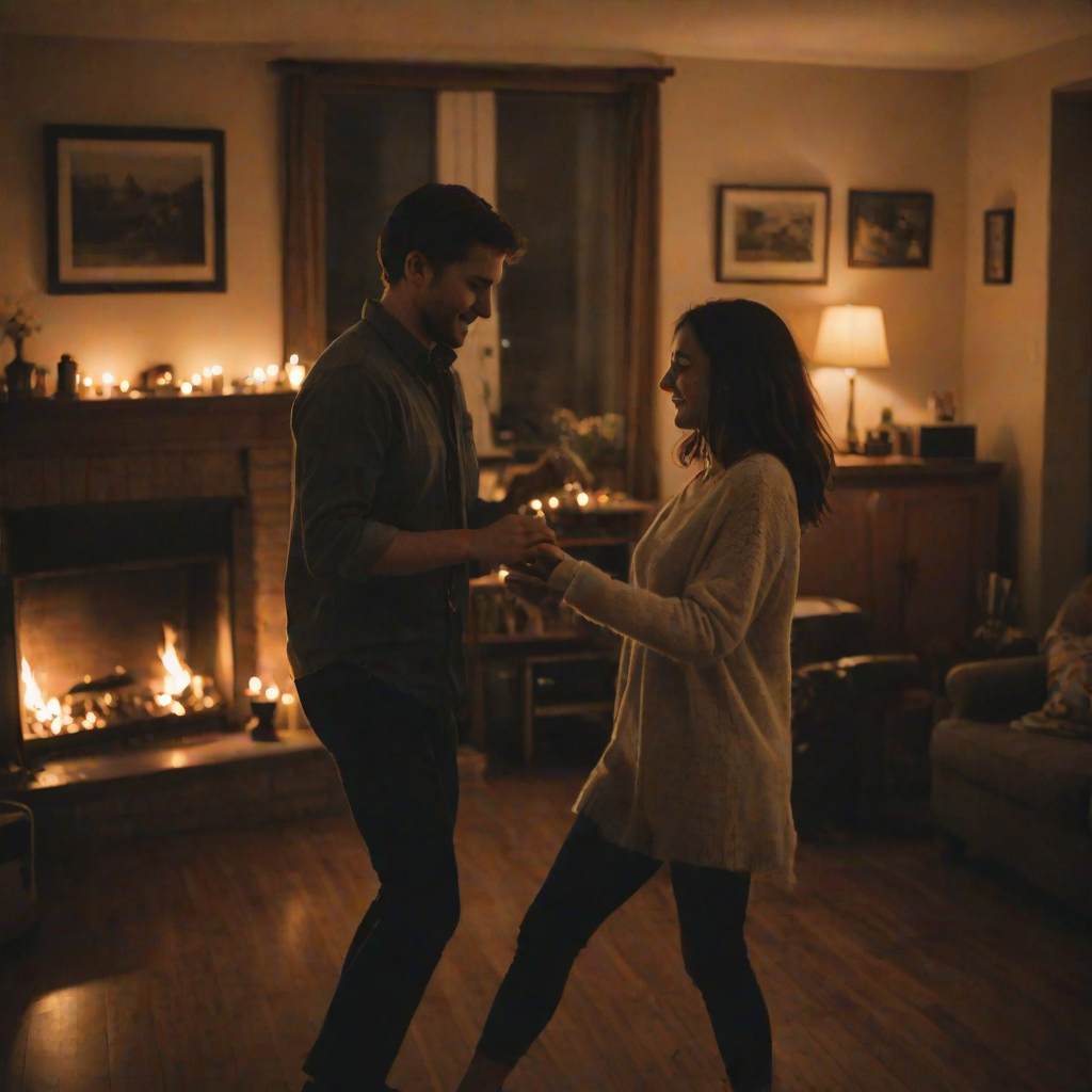Blurry candid shot of a young couple dancing in a dimly lit living room, soft light from candles and a fireplace illuminating the scene, with an old record player softly blurred in the background.