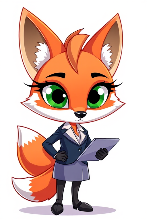 Create a vibrant cartoon illustration of a fox character with large green eyes and stylized features, wearing a business outfit with a pencil skirt and holding a tablet, set against a bright, clean background, using a DSLR camera, 50mm lens, f/2.8 aperture, and soft lighting to enhance the colors and details.