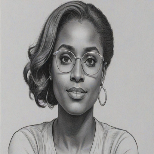 Wonderful Issa Rae, pencil sketch, portrait of Lovely woman 1957s in glasses, hair style beatnik, outline, clear lines, fine lines, 8k