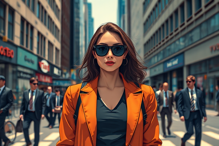 A confident woman in sunglasses stands at the center of a bustling city street, surrounded by suited men, captured in a vibrant, high-contrast anime style, using a Canon EOS R5 with a 50mm f/1.2 lens, shooting at ISO 100, f/2.8, 1/250s, in portrait orientation for enhanced focus on the subject.