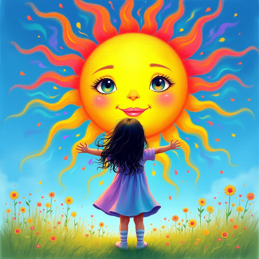A depiction, in colorful paints, of a little girl, back to the viewer, short stripy socks, lilac and blue dress, arms outstretched, long black wavy hair being blown by the breeze, bight summer's day, up in the blue sky a giant colorful sun face, with pretty eyes, pink lips, colorful swirls, and rainbow colored flames shooting off in all directions