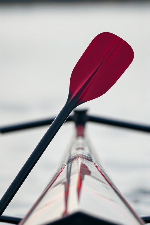 Create a high-resolution image of two rowing oars positioned diagonally across the frame with a blurred background, using a DSLR camera with a 50mm lens, aperture f/2.8, ISO 100, and a shallow depth of field for enhanced detail.
