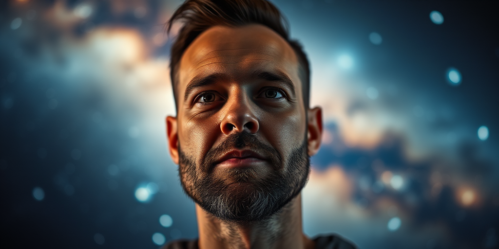 Portrait of a man with a cosmic background, captured in low light with a 50mm lens at f/1.8, ISO 100, 1/60s shutter speed, using a softbox for dramatic lighting, shot with a full-frame DSLR from a low angle.