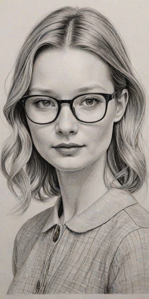 Captivating Mia Wasikowska, pencil sketch, portrait of Gorgeous woman 1960s in glasses, hair style beatnik, outline, clear lines, fine lines, 8k