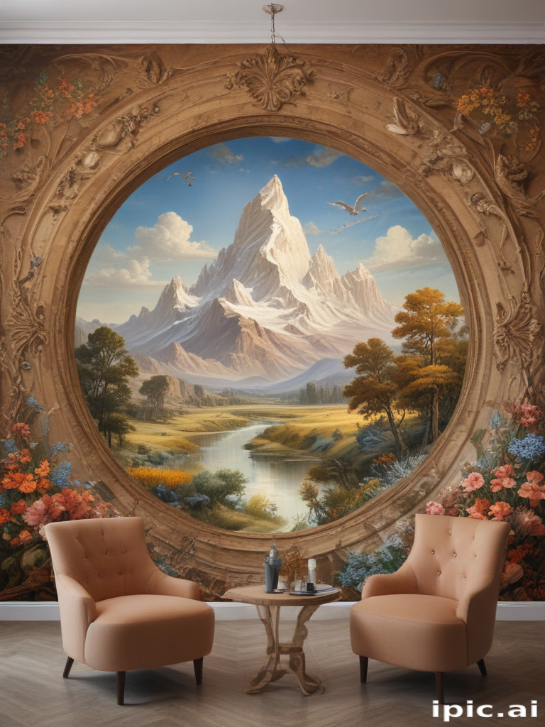 Serene Mountain Landscape Mural Enhancing Cozy Living Room Ambiance