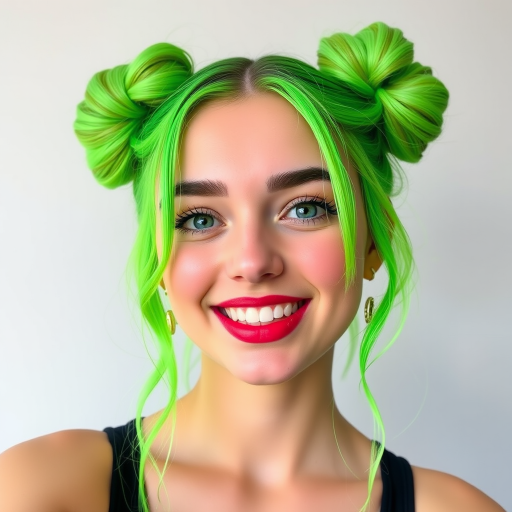 Playful young woman rocking space buns with face-framing tendrils, colored in a vibrant neon green with holographic glitter accents