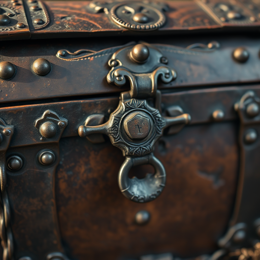 Create an image of a pirate treasure chest with intricate metalwork and a prominent lock, using a Canon EOS R5, 50mm lens, f/1.8 aperture, natural lighting, and a shallow depth of field to enhance the focus on the chest details.