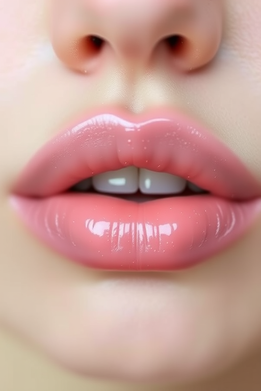 Pale pink lips with a soft, blurred effect and delicate pearl shimmer, titled "Dreamy Rosebud Haze"