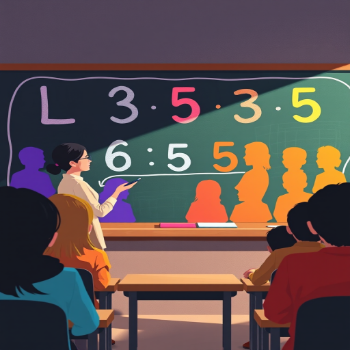 create an illustration of a teacher presenting numbers on a chalkboard with colorful silhouettes of students, using a DSLR camera with a 50mm lens, f/1.8 aperture, ISO 200, shoot in portrait orientation for enhanced depth of field and vibrant colors