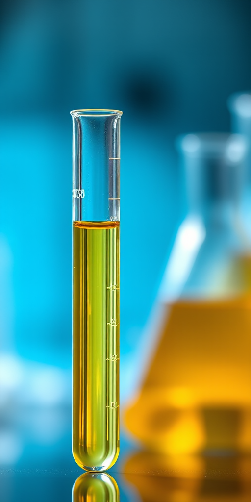 Create a detailed illustration of a laboratory test tube with a yellow liquid inside, using a DSLR camera with a 50mm lens at f/2.8, ISO 100, and a shallow depth of field to enhance the visual clarity and contrast, captured from an eye-level angle with soft natural lighting for a clean, professional look.