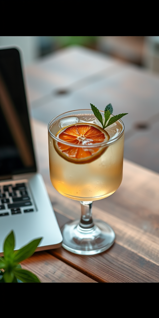 Create a high-quality image of a cocktail with a dried orange slice and mint garnish on a wooden table next to a laptop, captured with a Canon EOS R camera, 50mm lens, aperture f/1.8, ISO 100, natural lighting from the side for a soft focus background.