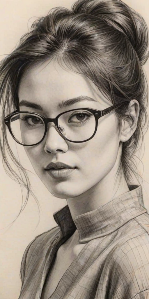 Enchanting Camille Chen, pencil sketch, portrait of Stunning woman 1980s in glasses, hair style beatnik, outline, clear lines, fine lines, 8k