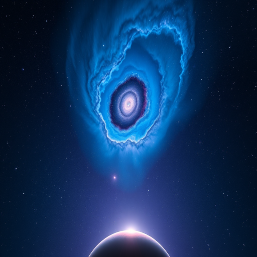 Create a vibrant cosmic scene featuring a swirling nebula of blues and purples, with a glowing planet at the bottom, shot with a Canon EOS R5, 24mm lens, f/2.8 aperture, ISO 100, long exposure for enhanced light trails, low-angle view to capture depth and dramatic lighting.