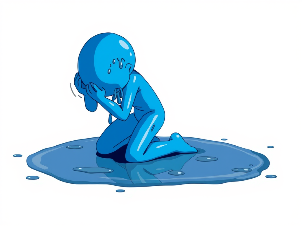 Create an illustration of a blue, drippy humanoid figure kneeling in a puddle, with a minimalistic background, shot with a DSLR camera at f/2.8 aperture, ISO 100, 50mm lens, natural lighting, and high dynamic range for enhanced image quality.