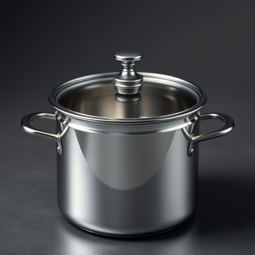 Create a high-resolution 3D render of a stainless steel cooking pot with a lid, using a DSLR camera at f/8 aperture, 35mm focal length, ISO 100, with soft diffused lighting and a slightly elevated angle for a realistic perspective.