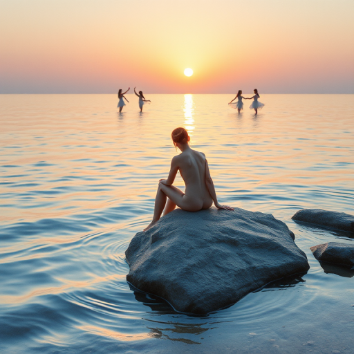 Create a serene watercolor painting of a nude figure seated on a rock by the water's edge at sunset, with soft pastel colors, gentle ripples in the water, and ethereal forms of dancers in the background, captured in a Canon EOS 5D Mark IV with an aperture of f/4, ISO 100, and a 50mm lens to enhance depth of field and clarity.
