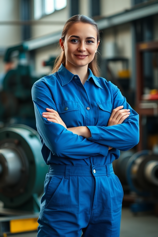 a confident female engineer in a blue jumpsuit standing with arms crossed in a machinery workshop, soft natural lighting to enhance facial features, aperture f/2.8, shutter speed 1/125, ISO 200, 50mm lens, shallow depth of field, professional portrait style