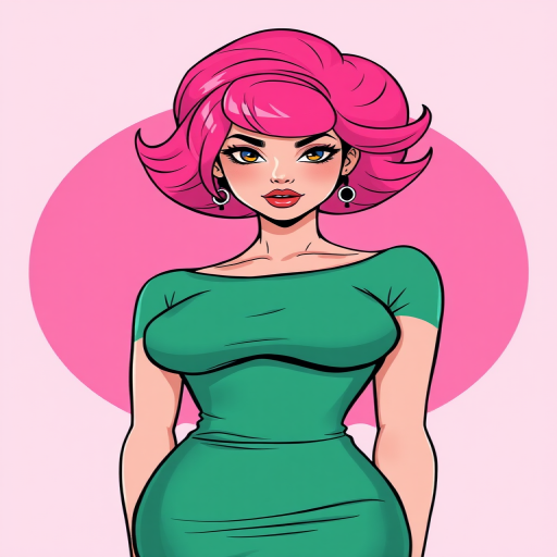 Generate a high-resolution illustration of a confident woman with pink hair styled in a large round shape, wearing a figure-hugging green dress, against a soft pink gradient background; use a DSLR camera with a 50mm lens, aperture f/1.8, ISO 100, shot from a frontal view in vibrant color style to enhance detail and clarity.