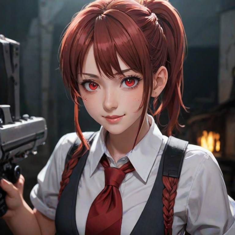 i want the whole image to be created in 3D anime style, 1girl, solo, long hair, looking at viewer, smile, open mouth, bangs, shirt, red eyes, jacket, white shirt, braid, sidelocks, red hair, necktie, teeth, fang, collared shirt, eyelashes, glowing, formal, suit, red necktie, portrait, glowing eyes, braided ponytail, ringed eyes, makima (chainsaw man)