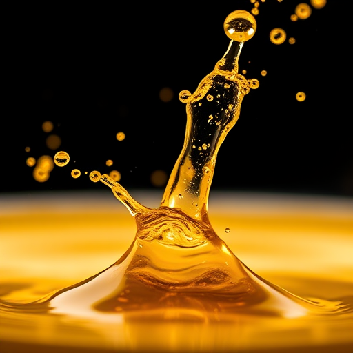 Create an image of a dynamic splash of golden liquid, emphasizing fluid motion, captured with a Canon EOS R5 at ISO 100, f/2.8, 1/1000 sec, in a close-up shot using a macro lens for fine detail and vibrant colors.