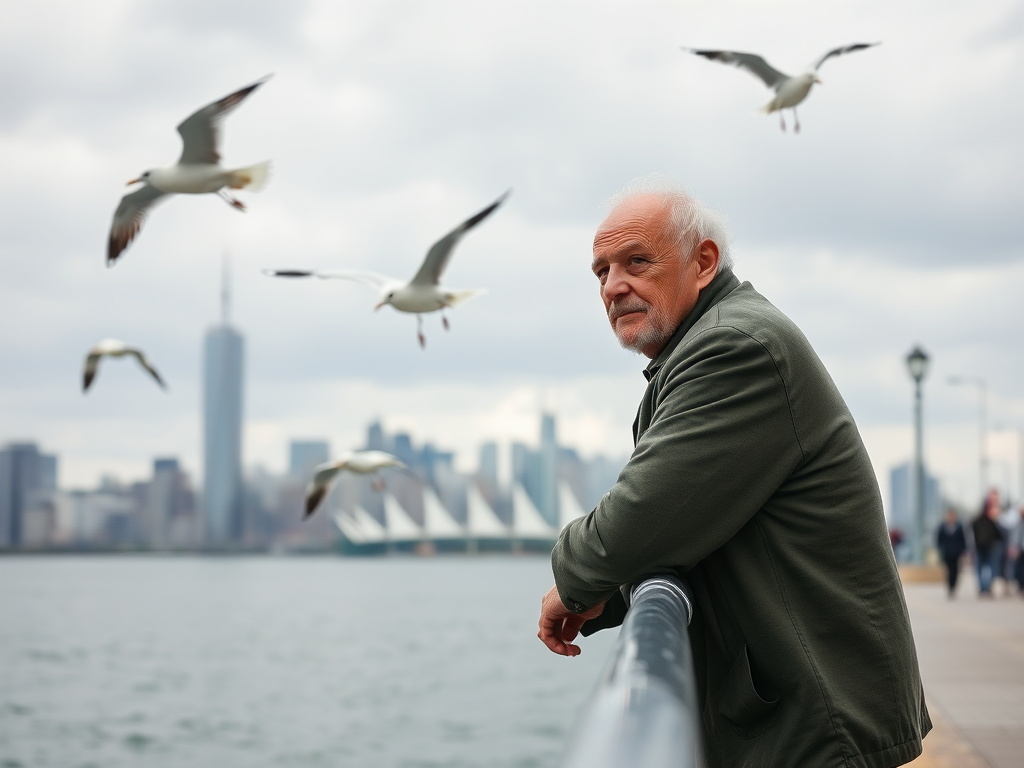 an elderly man leaning on a railing by the water with a city skyline in the background and seagulls flying around him on a cloudy day